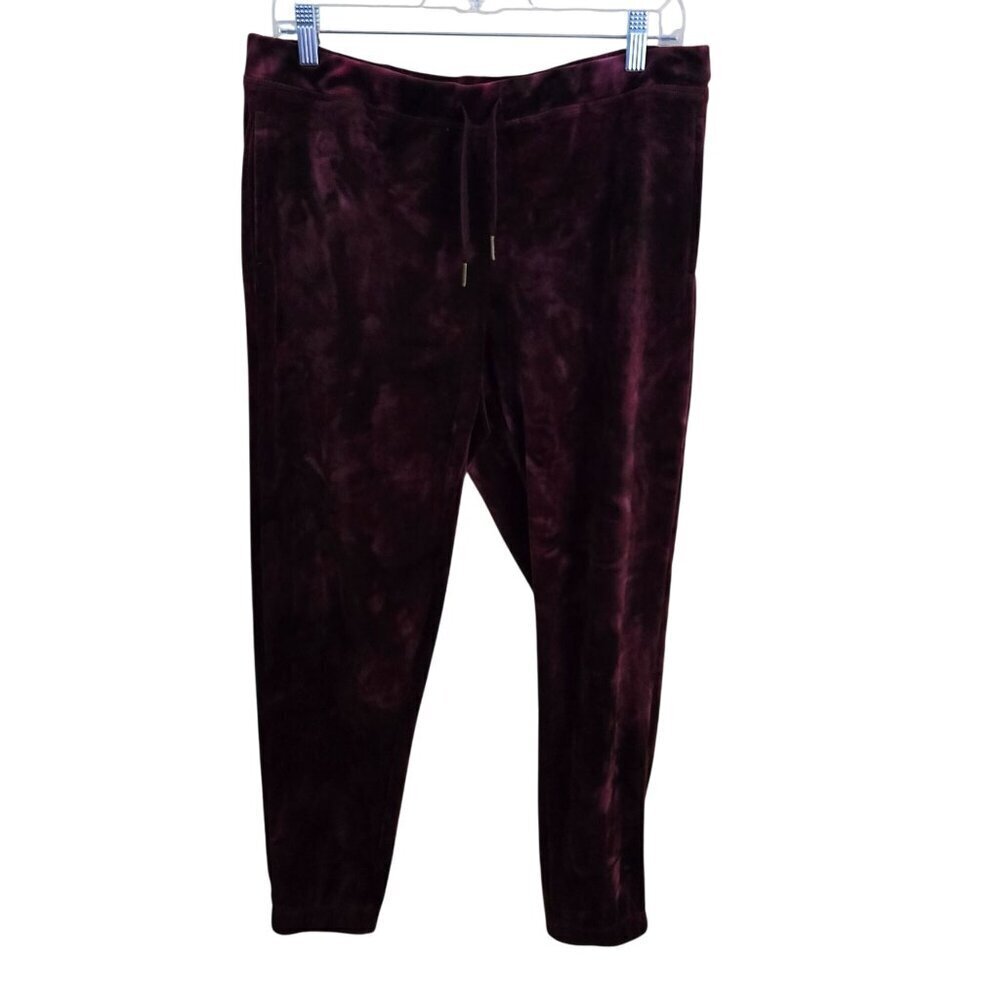 Burgundy Velour Joggers Pockets Drawstring Soft Comfort Size M
